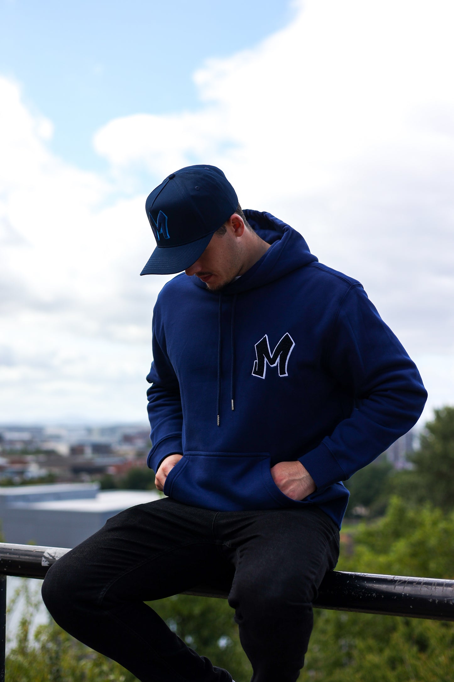 M Logo Navy Hoodie White Stitch Contrast