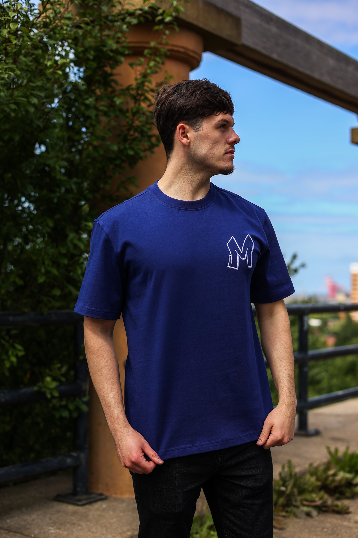 M Logo Navy T-Shirt White Stitch Contrast