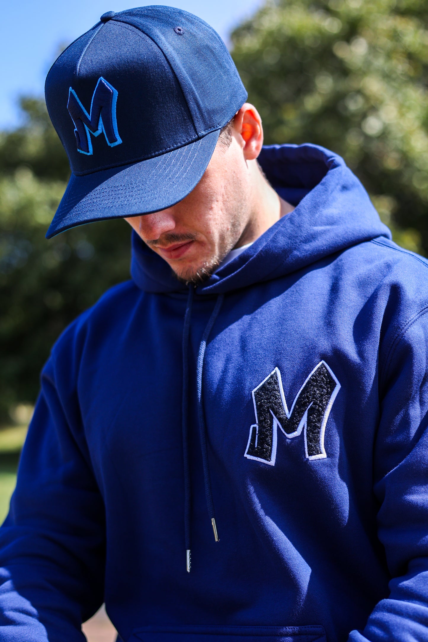 M Logo Navy Hoodie White Stitch Contrast