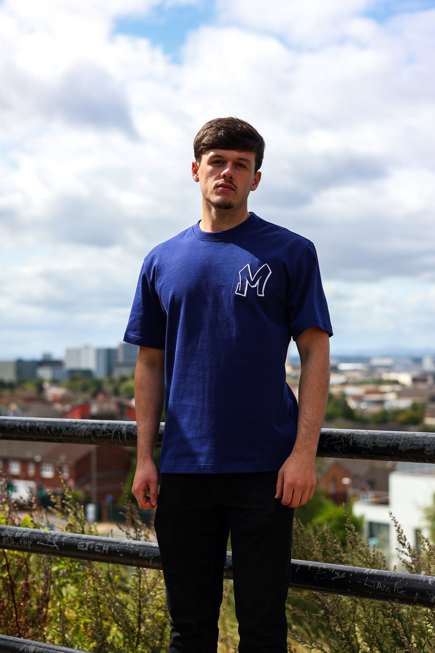 M Logo Navy T-Shirt White Stitch Contrast