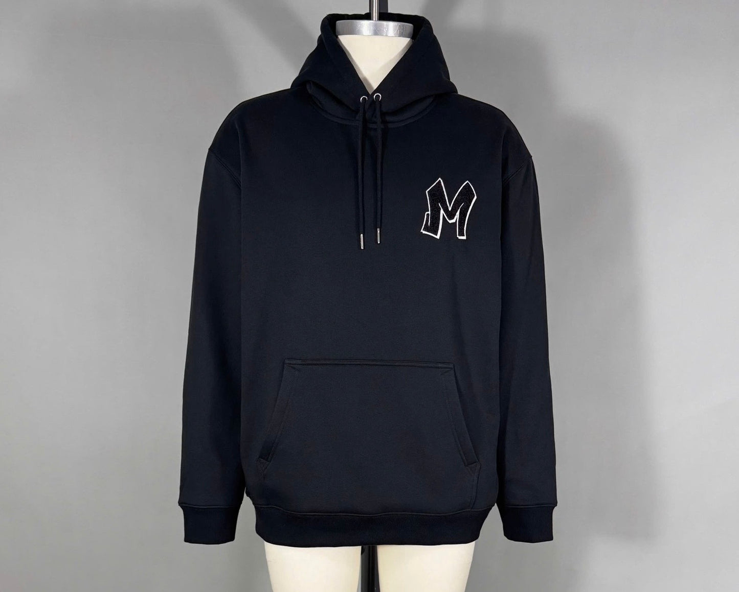 M Logo Black Hoodie White Stitch Contrast