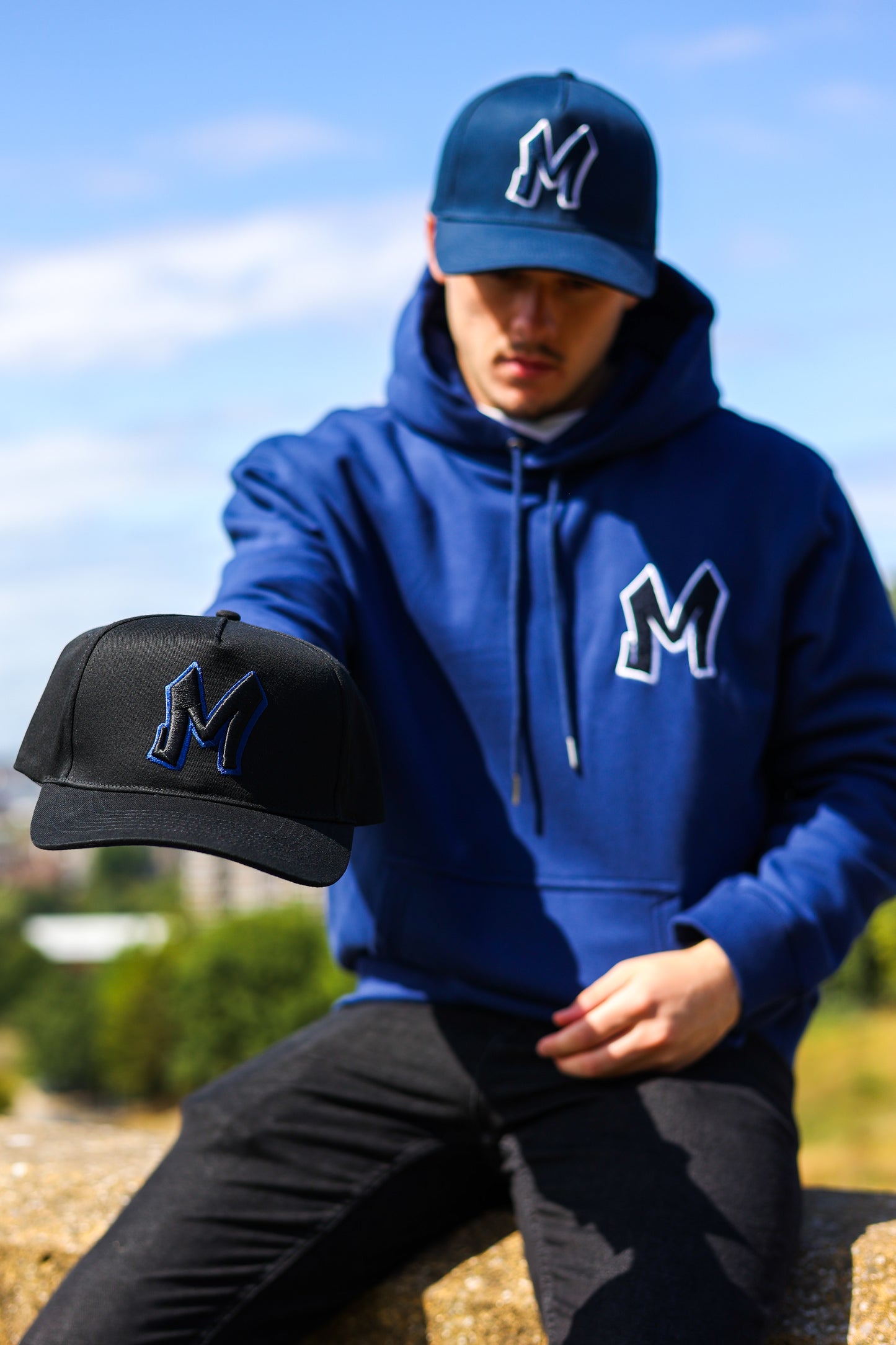 M Logo Navy Hoodie White Stitch Contrast