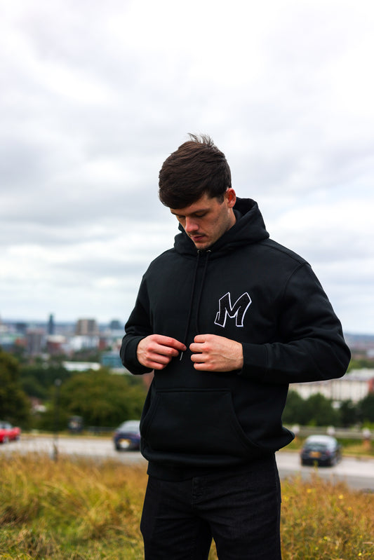 M Logo Black Hoodie White Stitch Contrast