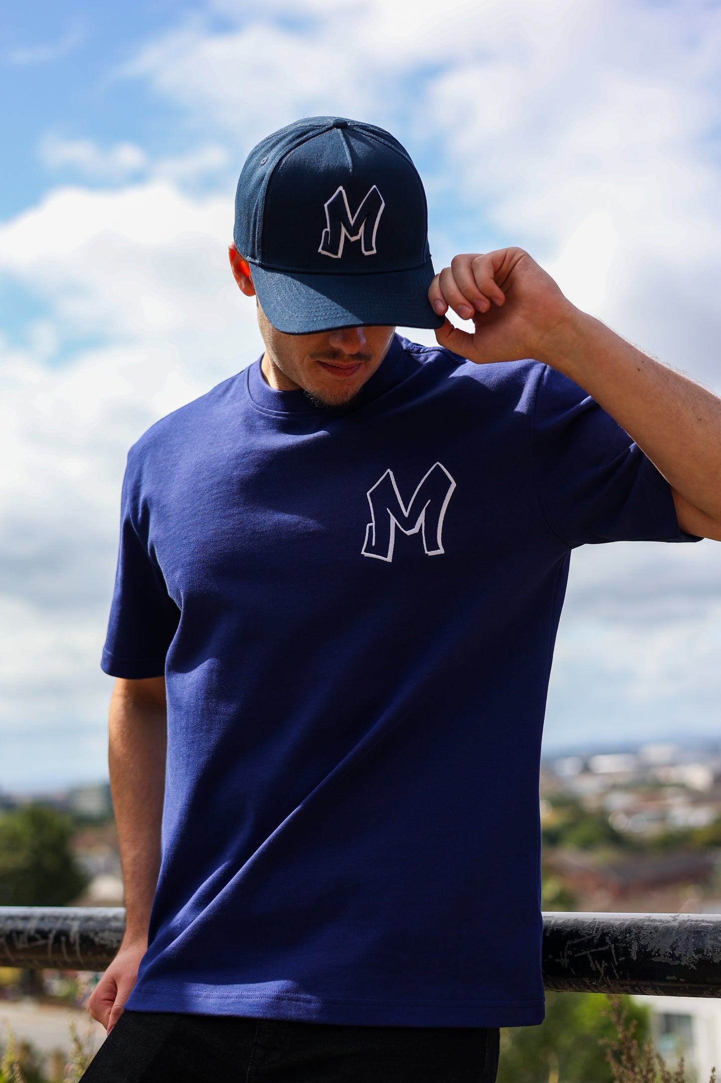 M Logo Navy T-Shirt White Stitch Contrast