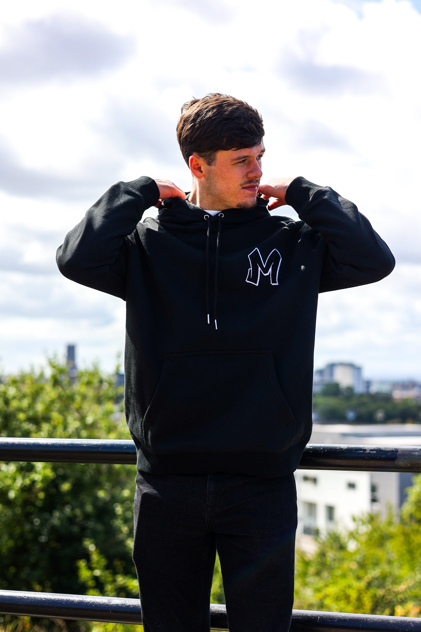 M Logo Black Hoodie White Stitch Contrast