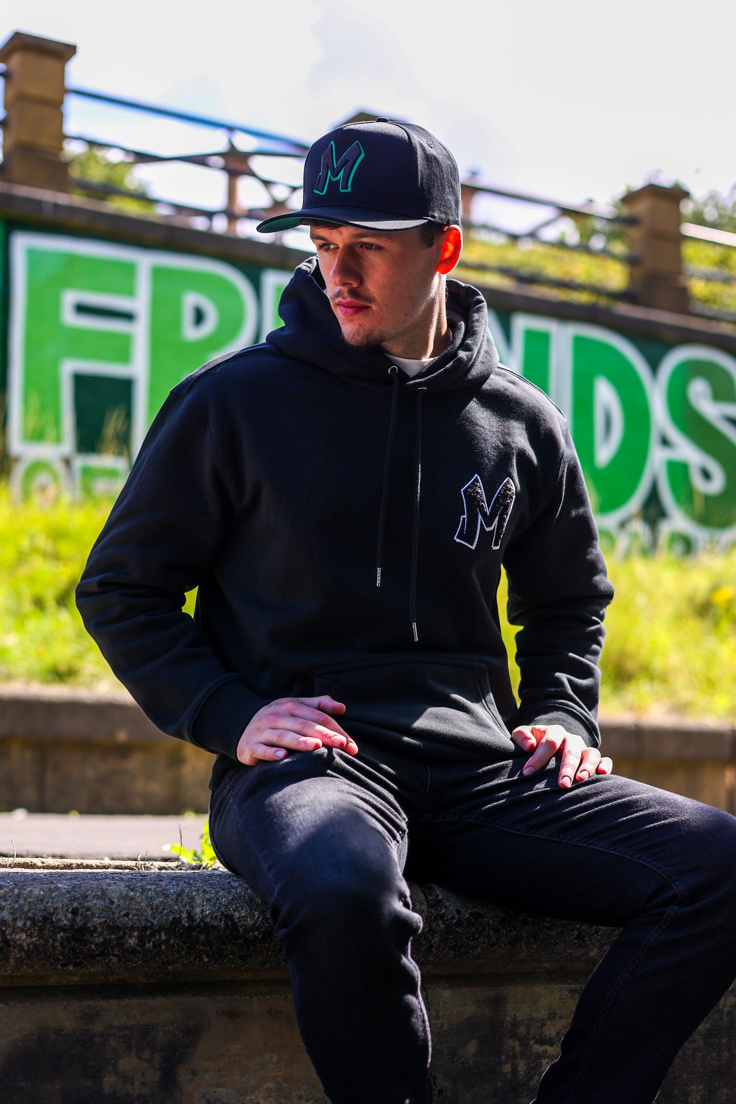 M Logo Black Cap Green Stitch Contrast