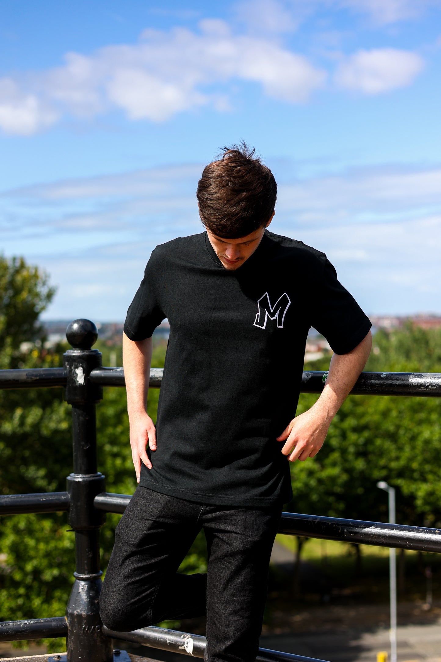 M Logo Black T-Shirt White Stitch Contrast