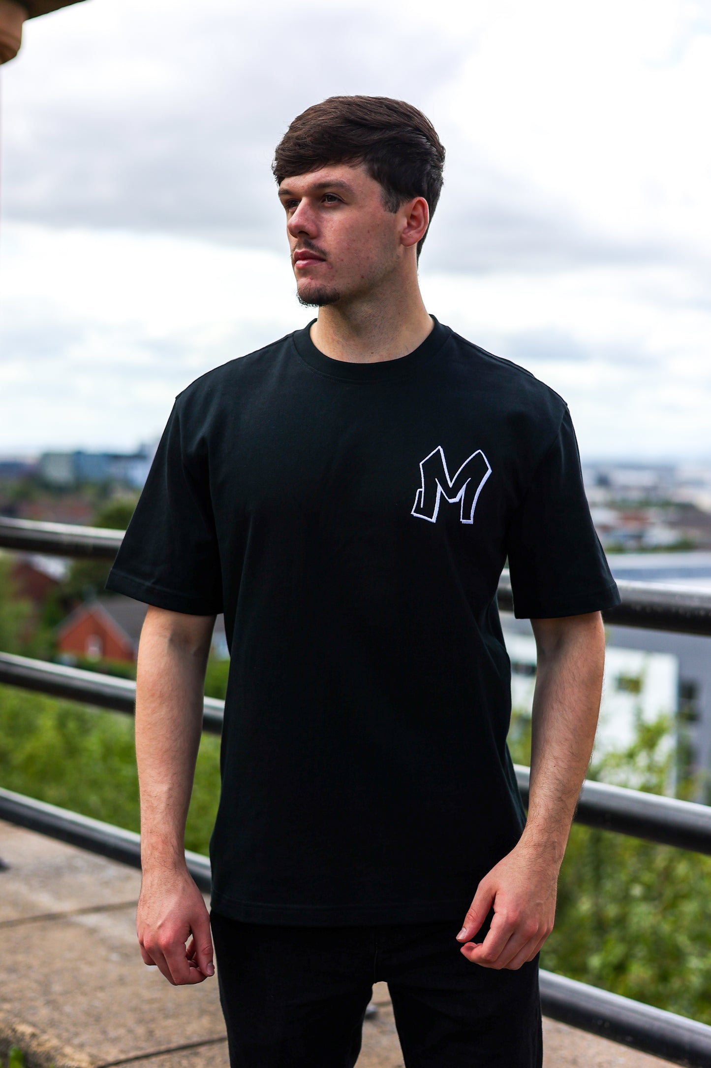 M Logo Black T-Shirt White Stitch Contrast
