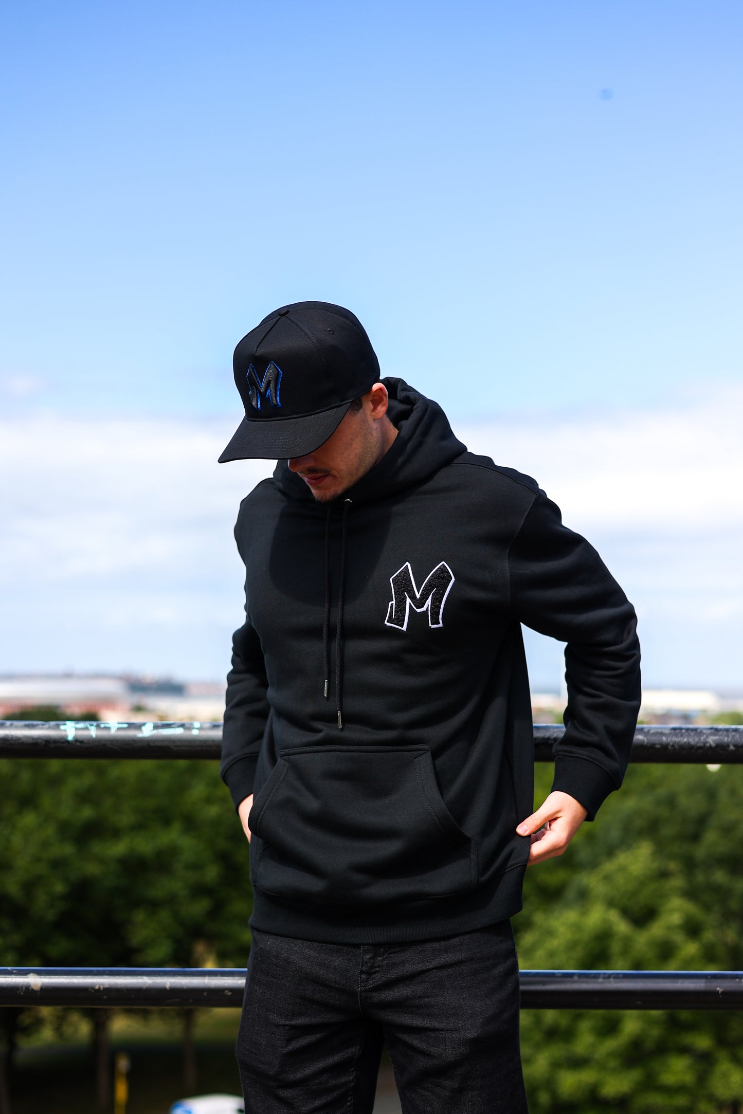M Logo Black Hoodie White Stitch Contrast