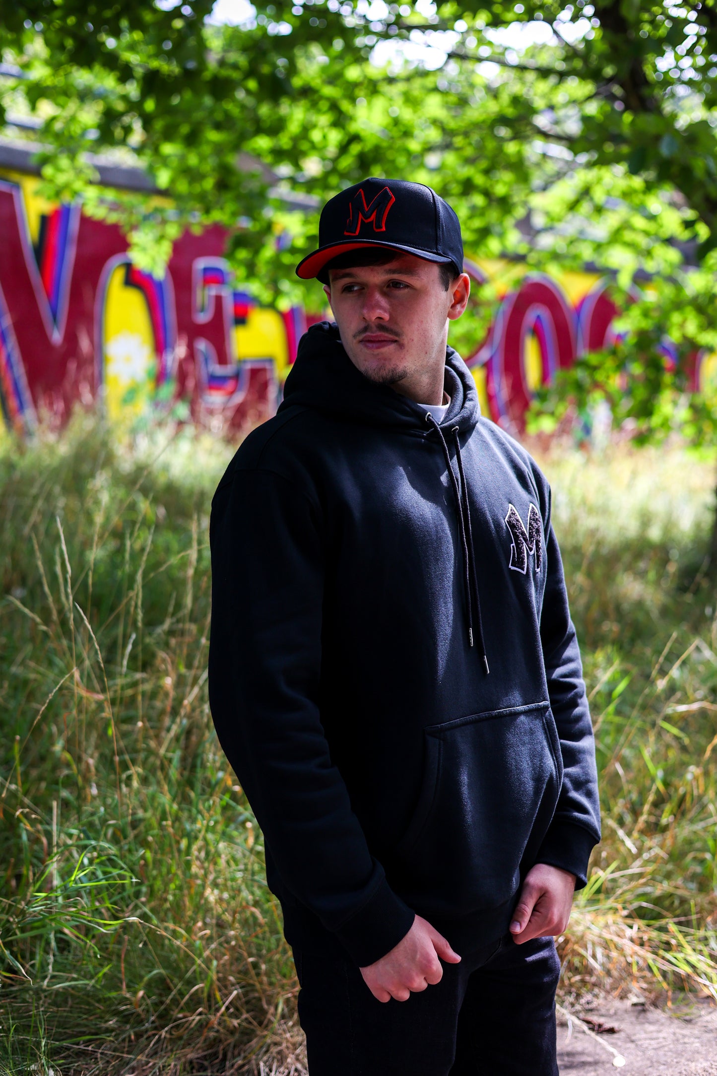 M Logo Black Cap Red Stitch Contrast