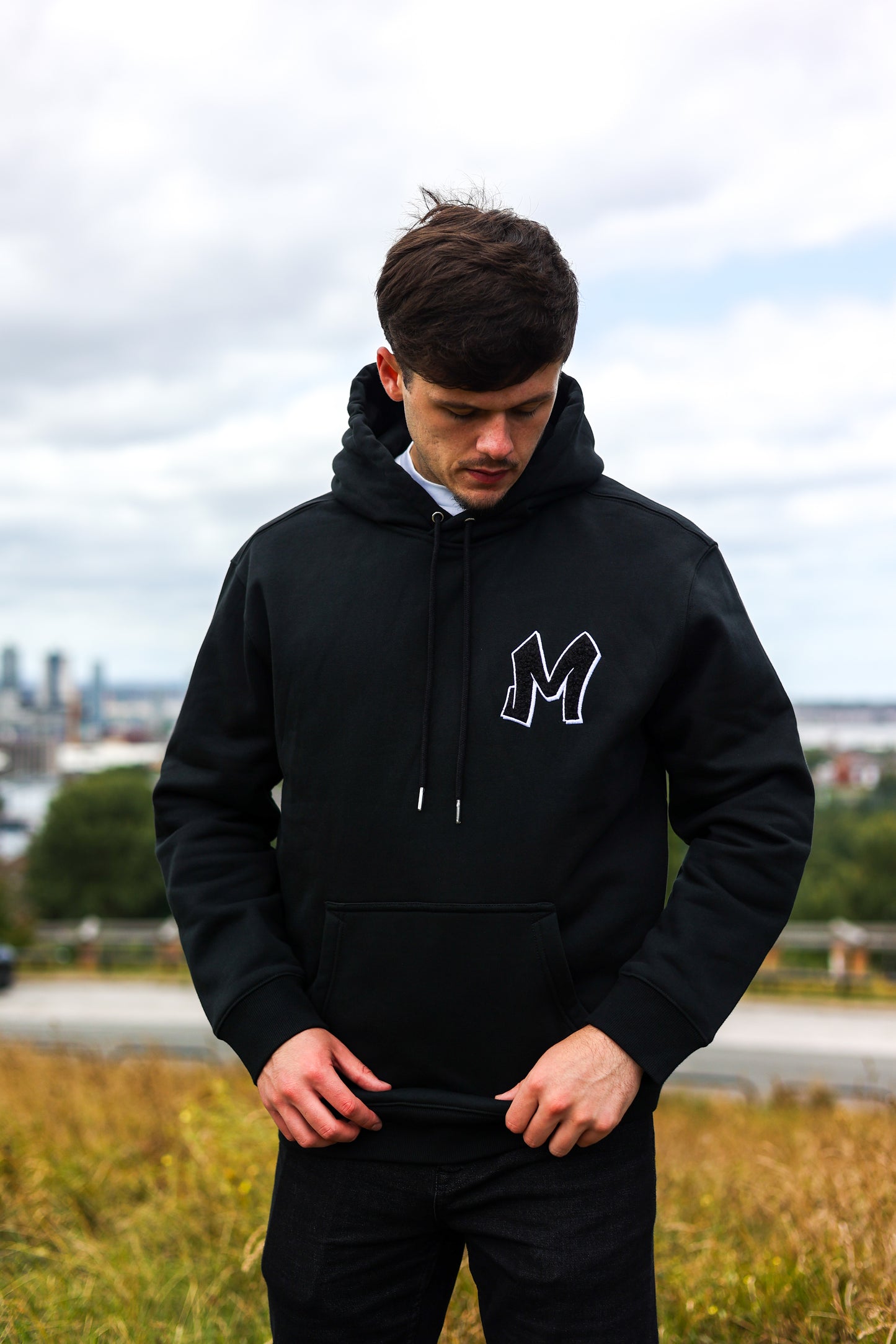 M Logo Black Hoodie White Stitch Contrast
