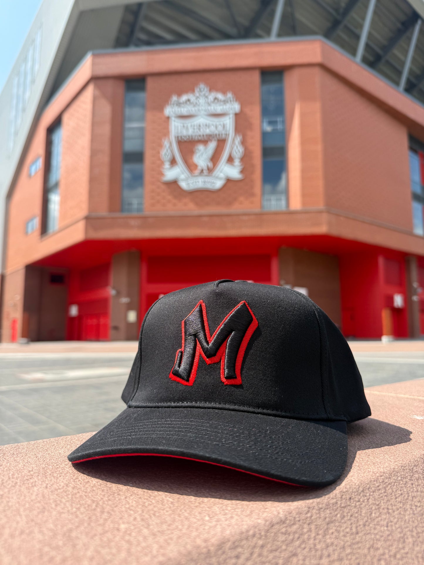 M Logo Black Cap Red Stitch Contrast