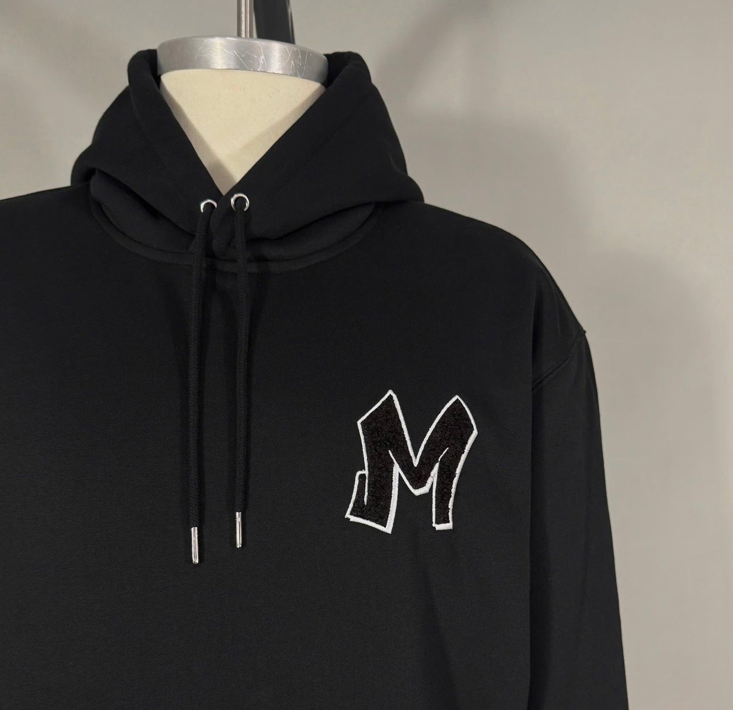 M Logo Black Hoodie White Stitch Contrast